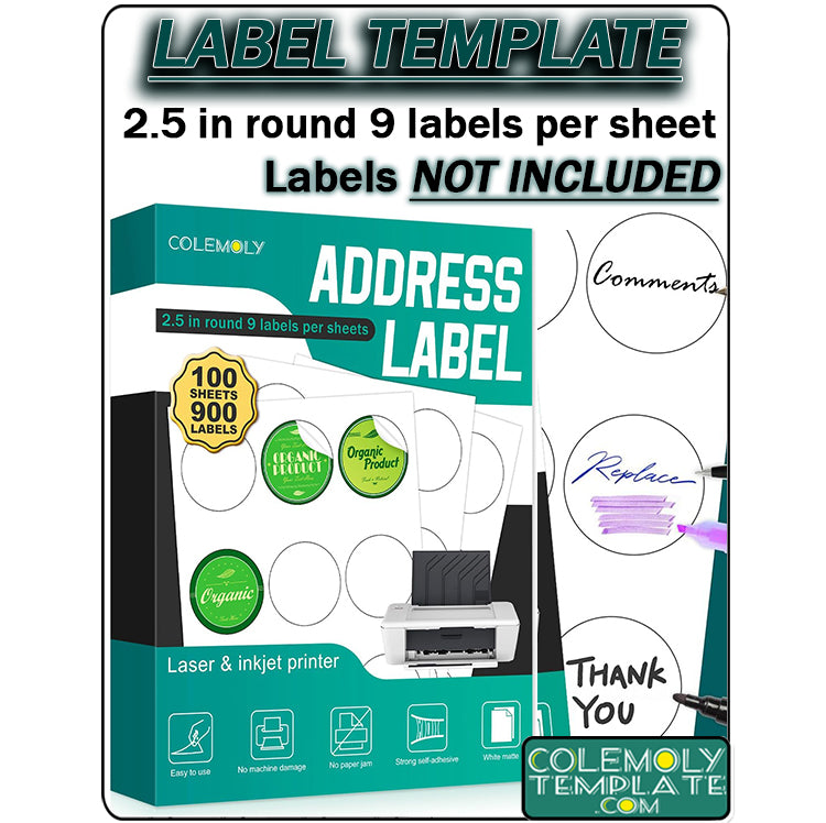 2.5" Round Colemoly Label / Sticker Template (9 per sheet)- INSTANT DOWNLOAD In 7 Formats